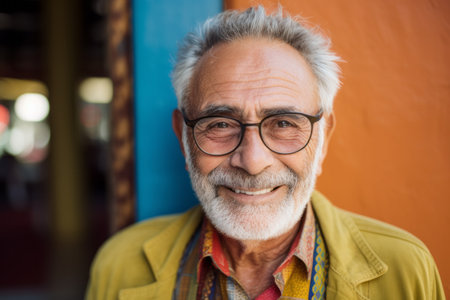 Portrait of smiling senior man with eyeglasses on the streetの素材