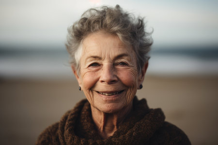 Portrait of happy senior woman on the beach at autumn day.の素材