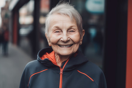 Portrait of smiling senior woman in sportswear on city streetの素材