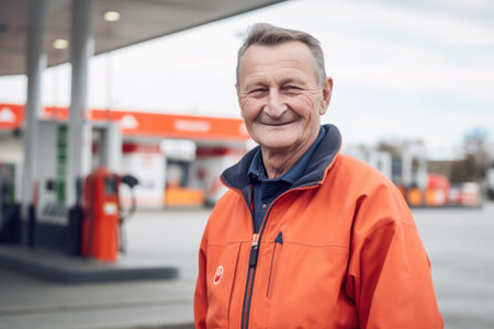 Portrait of smiling senior man in orange jacket standing at gas stationの素材