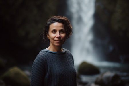 Portrait of a middle-aged woman in front of a waterfallの素材