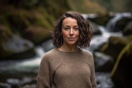 Portrait of a young woman standing in front of a waterfall.の素材