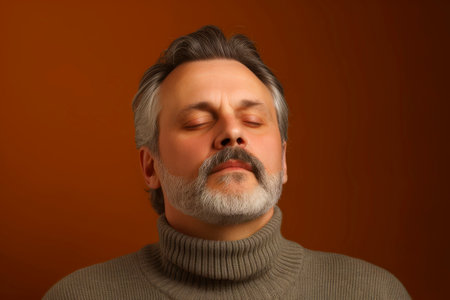 Handsome middle-aged man with gray beard and mustache in gray sweater on brown backgroundの素材