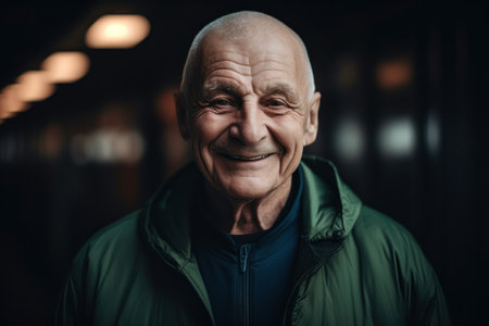 Portrait of a smiling senior man in a green jacket looking at the camera.の素材