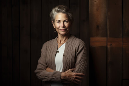 Portrait of a happy senior woman standing in front of a wooden wallの素材