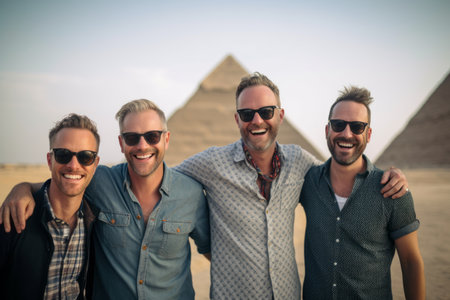 Group of friends having fun in front of the giza pyramidsの素材