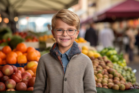 Portrait of smiling boy in eyeglasses at the fruit marketの素材
