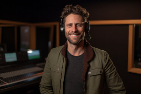 Portrait of a handsome radio host wearing headphones while standing in recording studioの素材