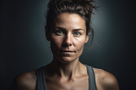 Portrait of a beautiful sad woman on a dark background. Studio shot.の素材