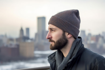 Young handsome man with beard and mustache in black jacket and hat against view of New York cityの素材