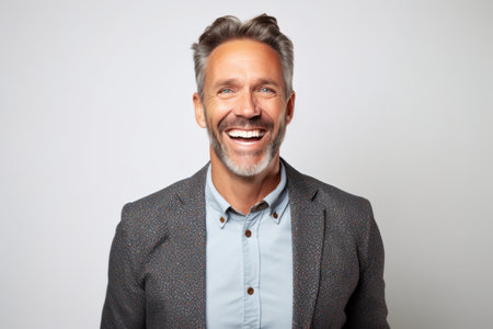 Portrait of a happy mature man laughing and looking at camera over gray backgroundの素材
