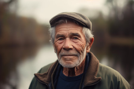 Portrait of an old man in a cap on the background of the riverの素材