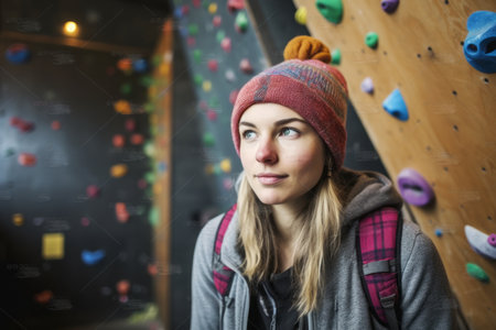Portrait of a young female climber on indoor climbing wall.の素材