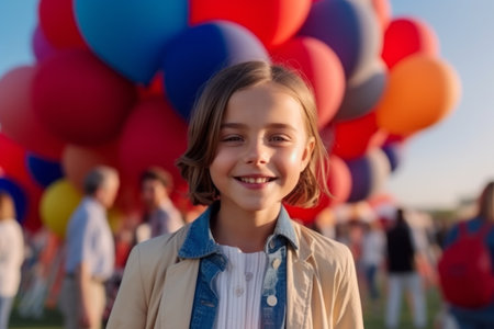 Portrait of a smiling little girl with colorful balloons in the parkの素材