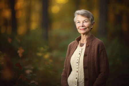 Portrait of a smiling senior woman in the autumn forest. Select focus.の素材