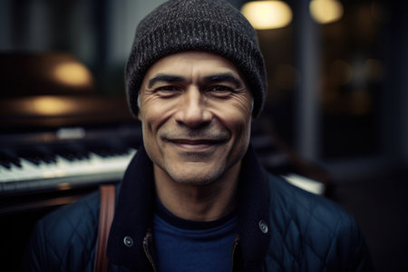 Portrait of a smiling man in a hat and a jacket.の素材