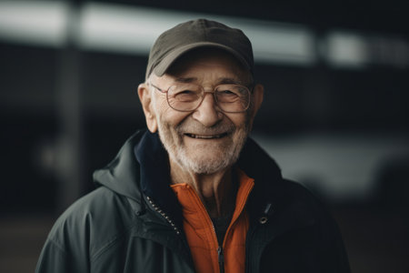 Portrait of smiling senior man in cap and jacket looking at cameraの素材
