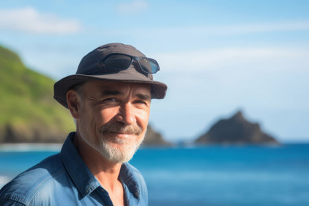 Portrait of a senior man with hat and sunglasses at the beachの素材