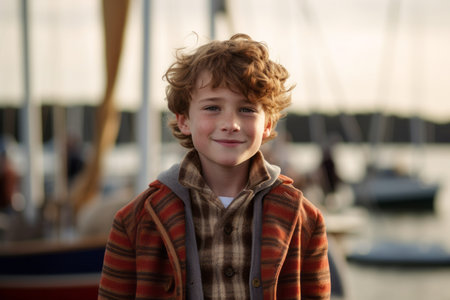 Portrait of a cute little boy on the background of a yachtの素材