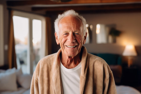 Portrait of a smiling senior man standing in his bedroom at homeの素材
