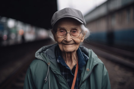 Portrait of an elderly woman on the platform of a railway stationの素材