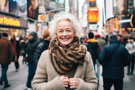 Mature beautiful woman with gray hair and scarf in New York cityの素材