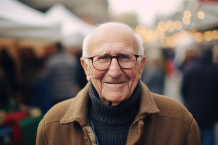 Portrait of a senior man with glasses on a market background.の素材