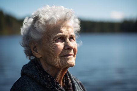 Portrait of an elderly woman on a background of the lake.の素材