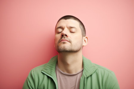 Portrait of a young man with closed eyes on a pink backgroundの素材