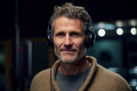 Portrait of a mature man listening to music with headphones in the studioの素材