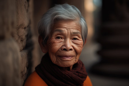 Portrait of an elderly Asian woman wearing a scarf and smilingの素材