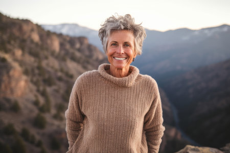 Portrait of smiling senior woman standing on top of mountain during sunsetの素材