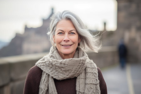 Portrait of a beautiful senior woman with gray hair in the cityの素材
