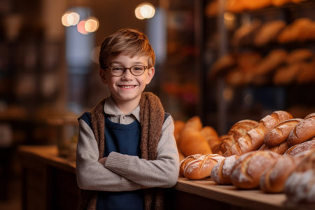 Portrait of a little boy in a bakery. The boy is smiling.の素材