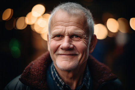 Portrait of a smiling senior man in the city at night.の素材