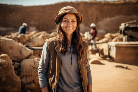 Portrait of a smiling woman standing with arms crossed in the desertの素材