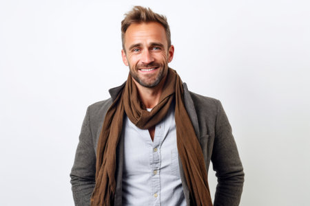 Portrait of a handsome young man wearing scarf standing against white backgroundの素材