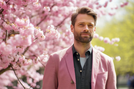 Portrait of a handsome young man in a pink jacket on a background of blooming cherry treesの素材