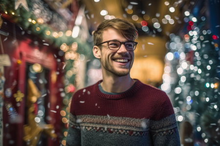 Portrait of handsome man with eyeglasses at christmas marketの素材