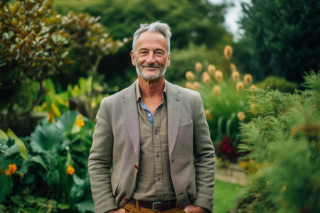 Portrait of a senior man with gray hair and beard in the gardenの素材