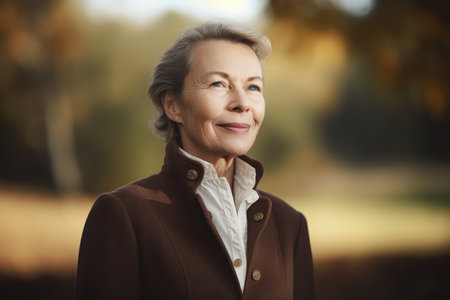 Portrait of happy senior woman in autumn park. looking at cameraの素材