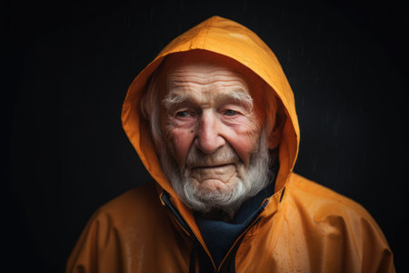Portrait of an old man in a raincoat on a black background.の素材