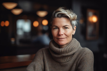 Portrait of mature woman with short blonde hair in knitted sweater at cafeの素材