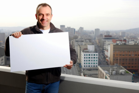 Handsome middle-aged man holding a blank sheet of paperの素材