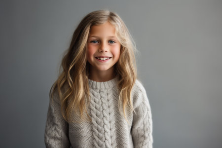 Portrait of a cute little girl in a gray sweater on a gray backgroundの素材