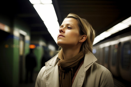 Portrait of a young woman in a subway station at night.の素材