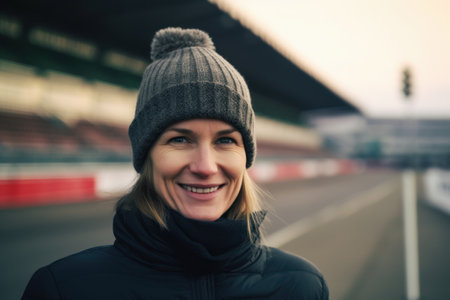 Portrait of a smiling woman wearing a hat and scarf on the streetの素材