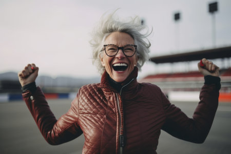 portrait of happy senior woman in sportswear and eyeglasses rejoicingの素材