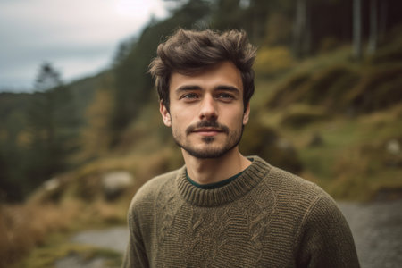 Portrait of a young handsome man in a green sweater standing on a mountain pathの素材