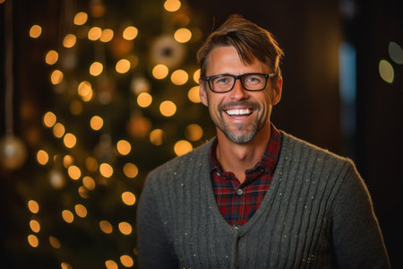 Portrait of a handsome young man with glasses against christmas lightsの素材